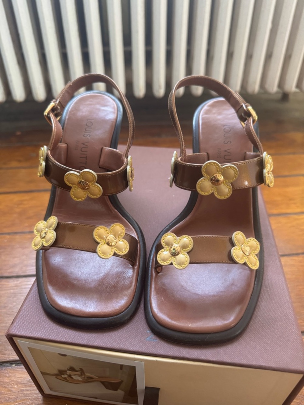 Louis Vuitton Brown Leather Slingback Sandals with Gold Floral Appliqués - Picture 8 of 11